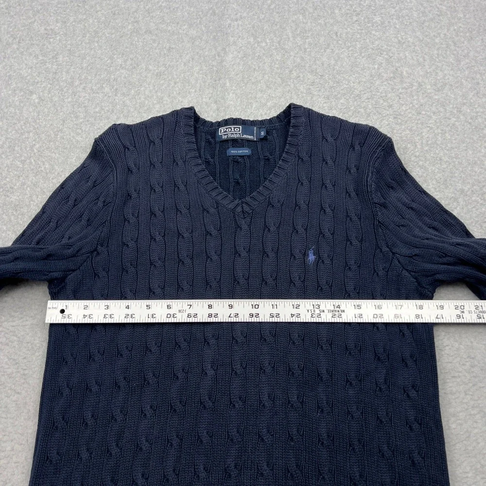 VTG Polo Ralph Lauren Cable Knit Sweater Mens Small Blue V-Neck Cotton Pullover
